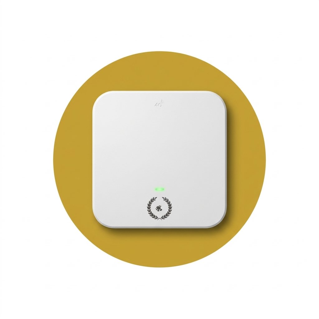 Panel de alarma blanco, cuadrado, con una luz verde encendida.