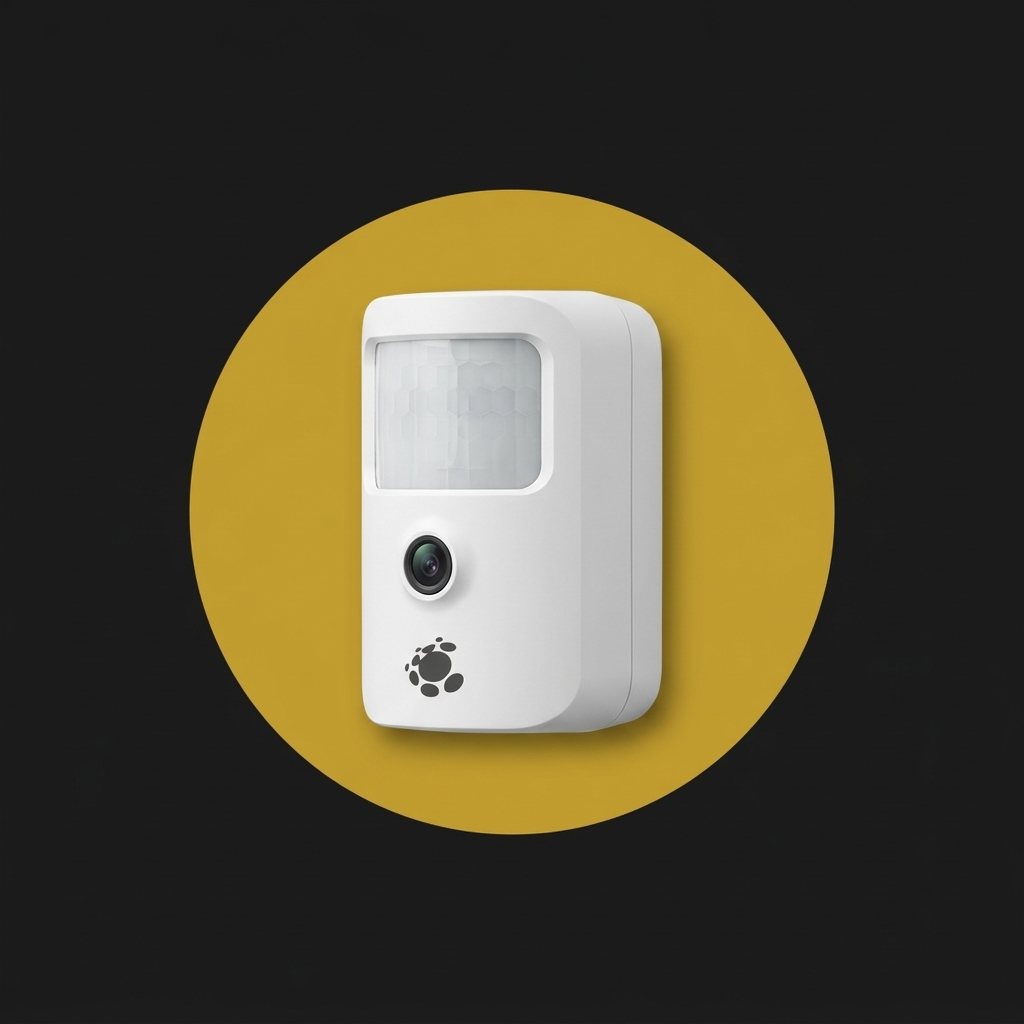 Detector de movimiento blanco con una cámara al frente.