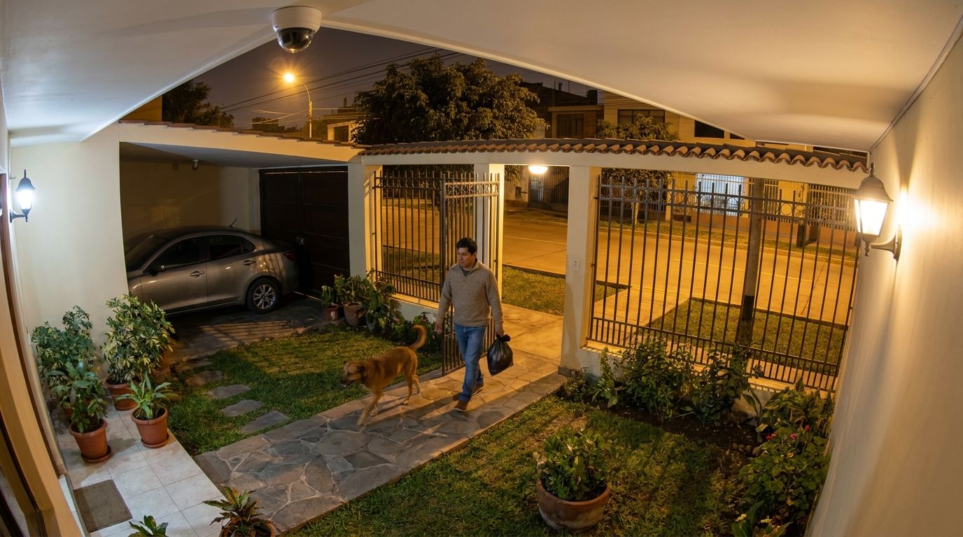 Vista de cámara del jardín de una casa, de noche: un hombre entra por el camino con su perro.