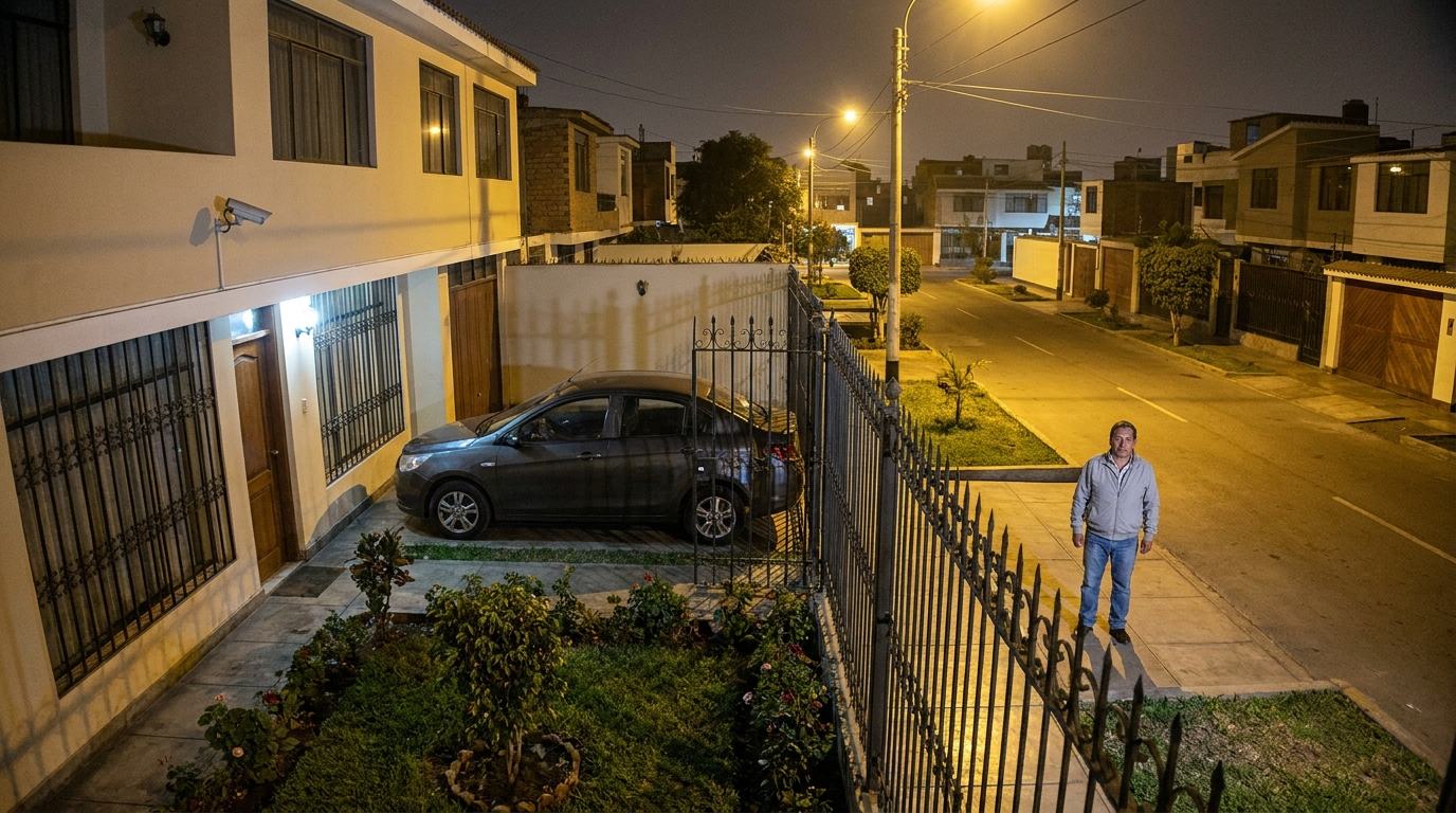 Vista de cámara de la fachada de una casa, de noche: un hombre parado en la vereda, frente a la reja.