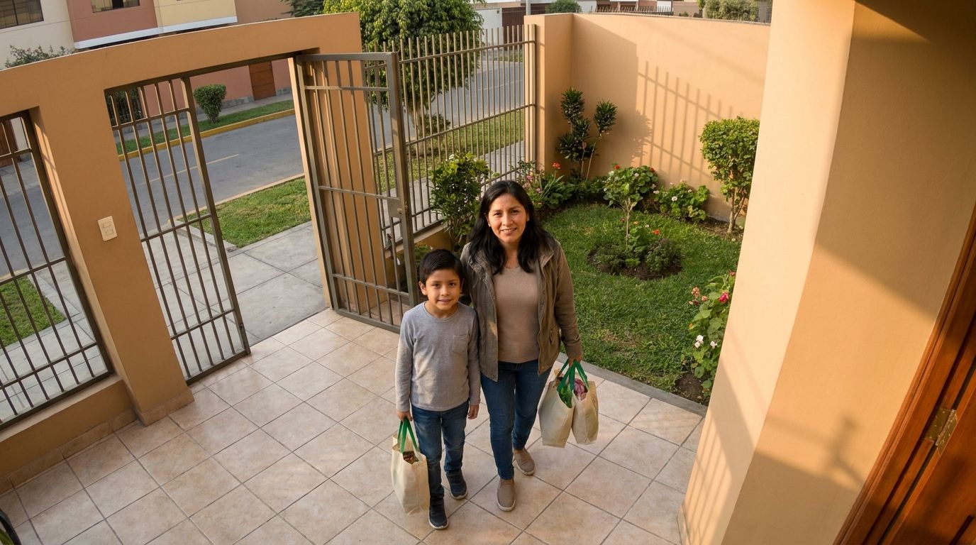 Vista de cámara de la entrada de una casa: una madre y su hijo llegan con bolsas de compras.
