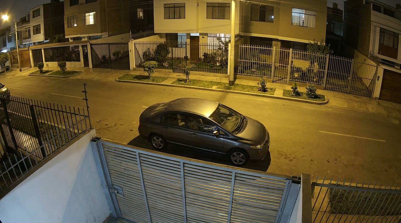 Vista de cámara de la calle frente a una casa, de noche: un auto detenido frente a la cochera.