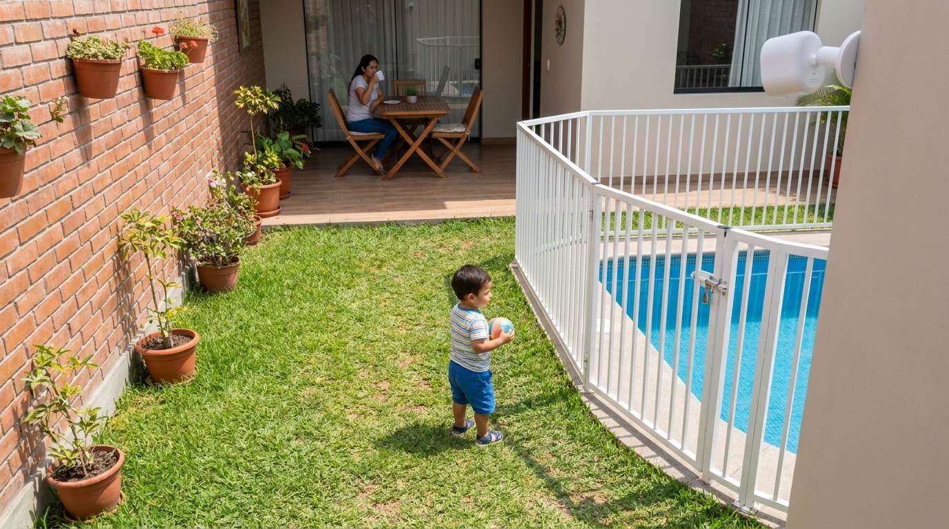 Vista de cámara del patio de una casa: un niño juega con una pelota junto a la reja de la piscina.