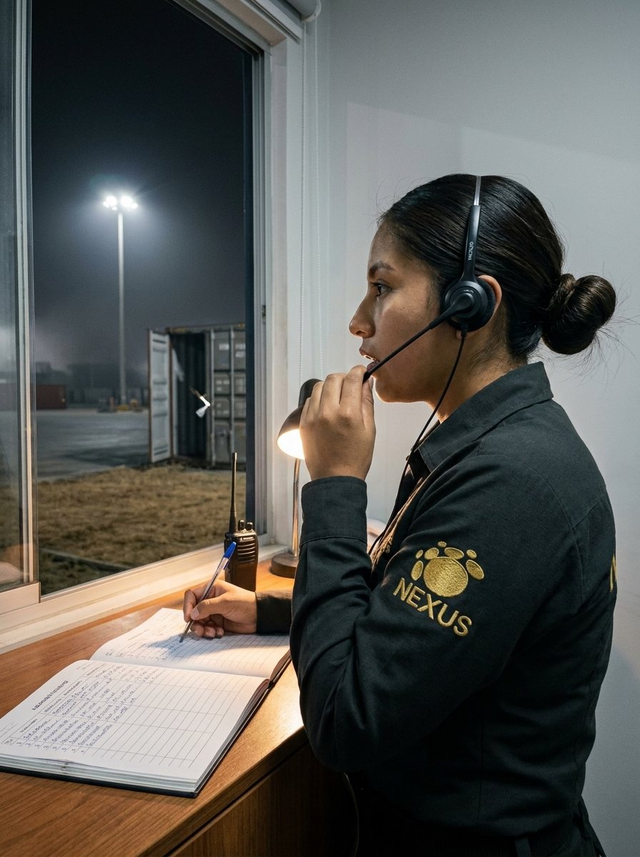 Agente en una garita de noche, con radio y libro de registro