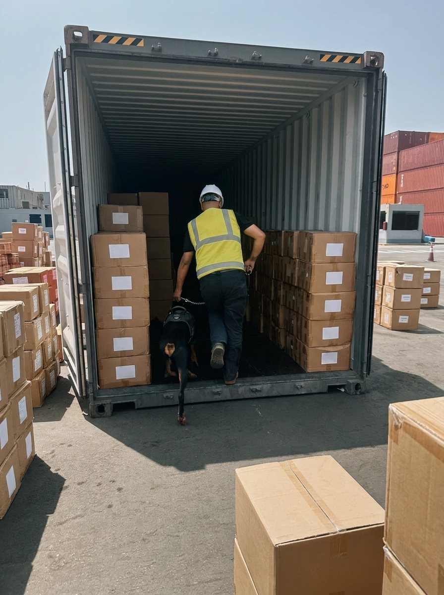 Manejador y perro de la unidad canina entrando a un contenedor con cajas