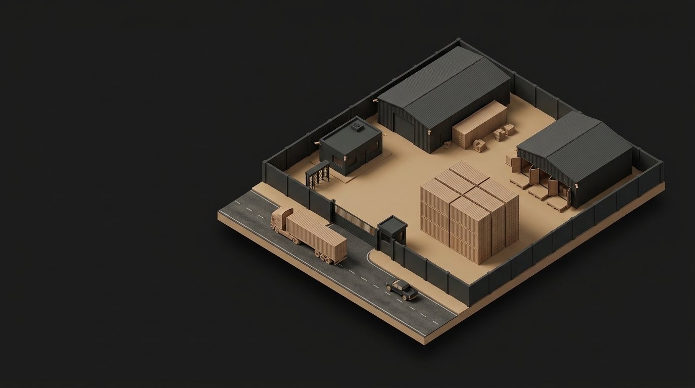 Maqueta de un almacén con cerco perimetral, dos galpones, oficina con torniquete, garita de ingreso, contenedores apilados y una vía con un tráiler y una camioneta