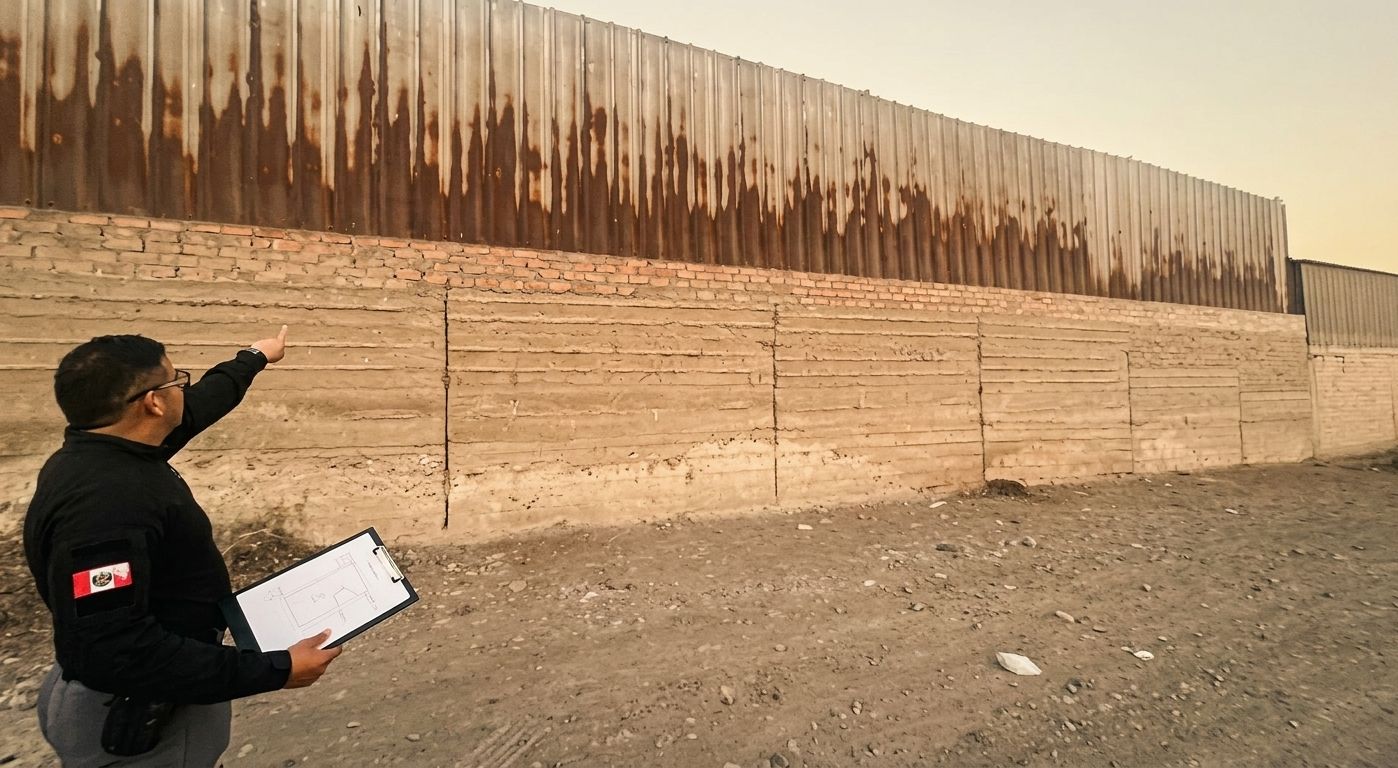 Agente con tablero señala un muro con calamina oxidada durante un estudio de seguridad