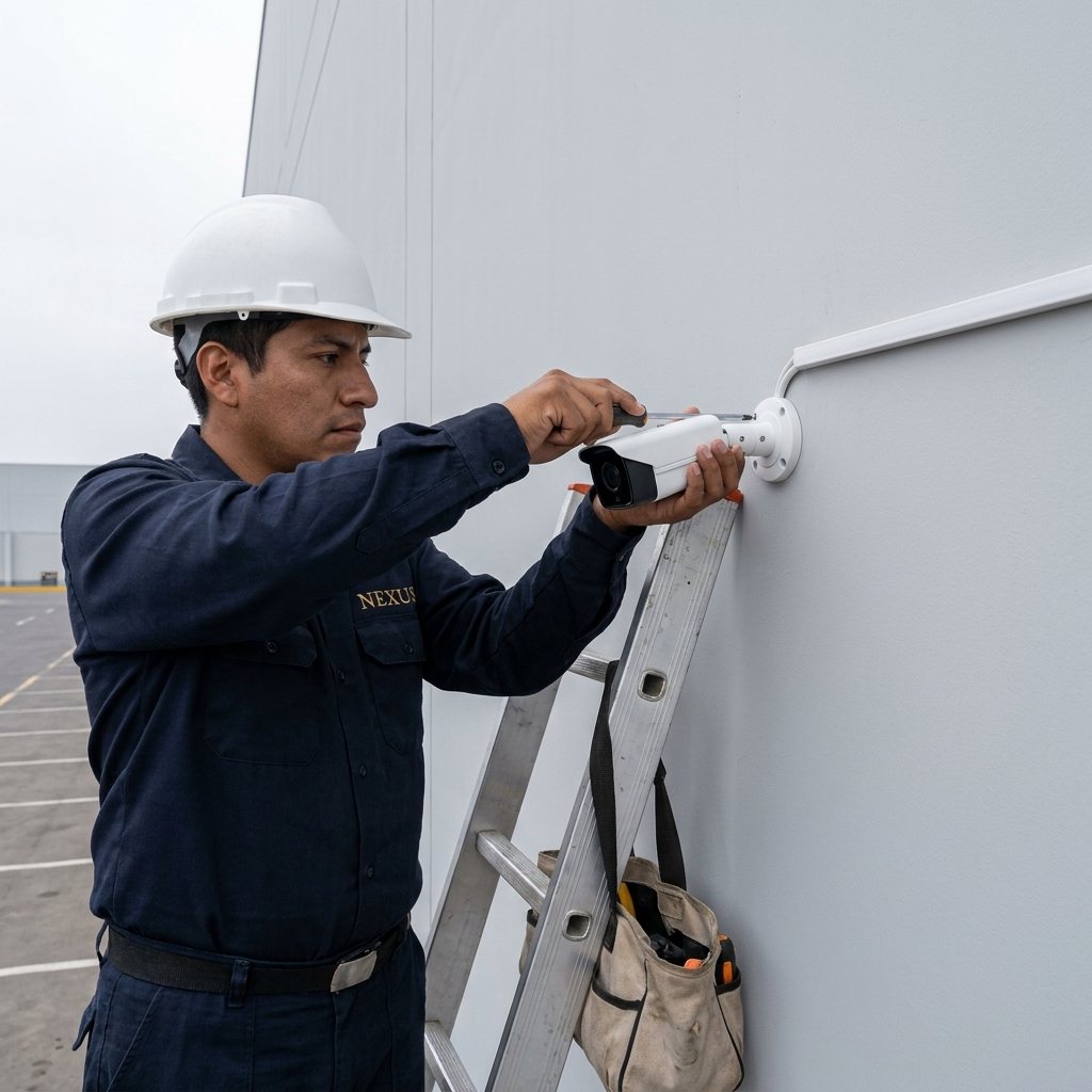 Técnico con casco instala una cámara en la pared de un almacén.