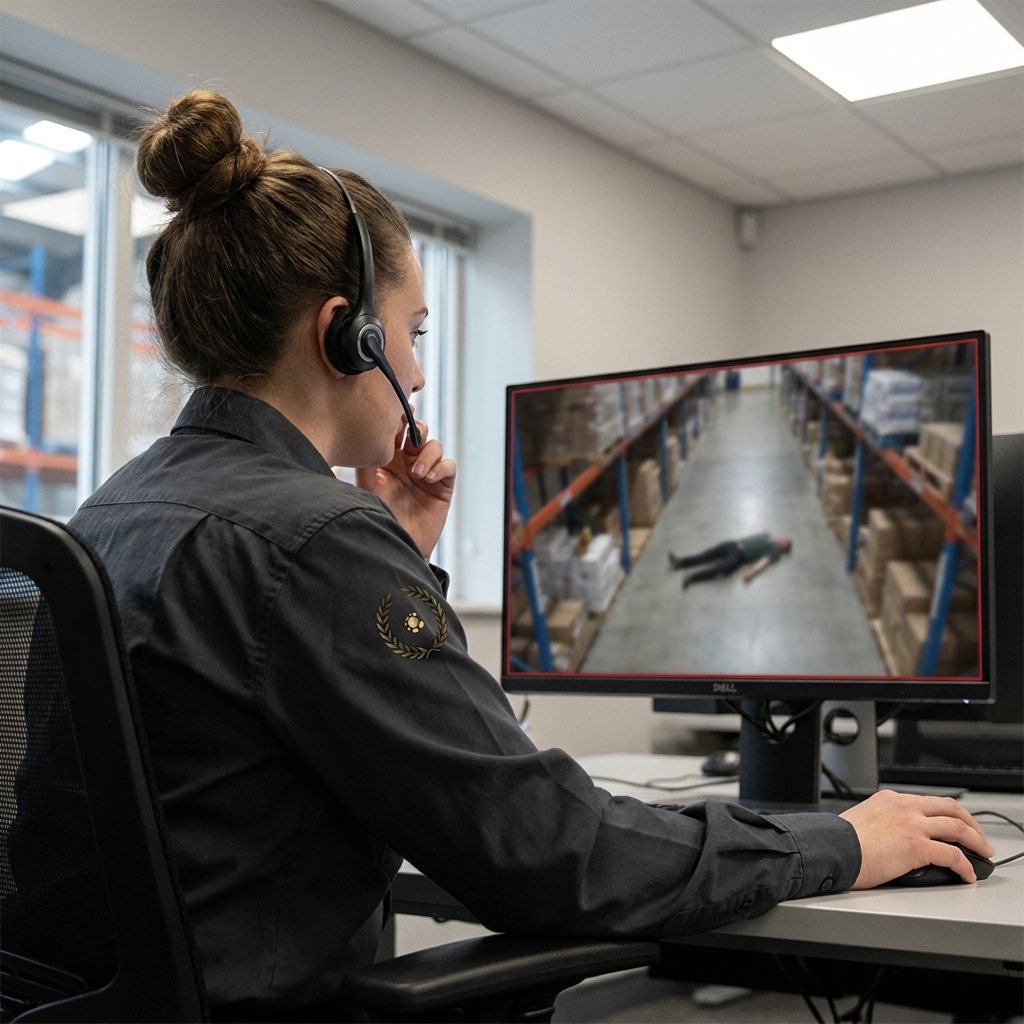 Operadora con auricular ve en el monitor la caída de un trabajador.
