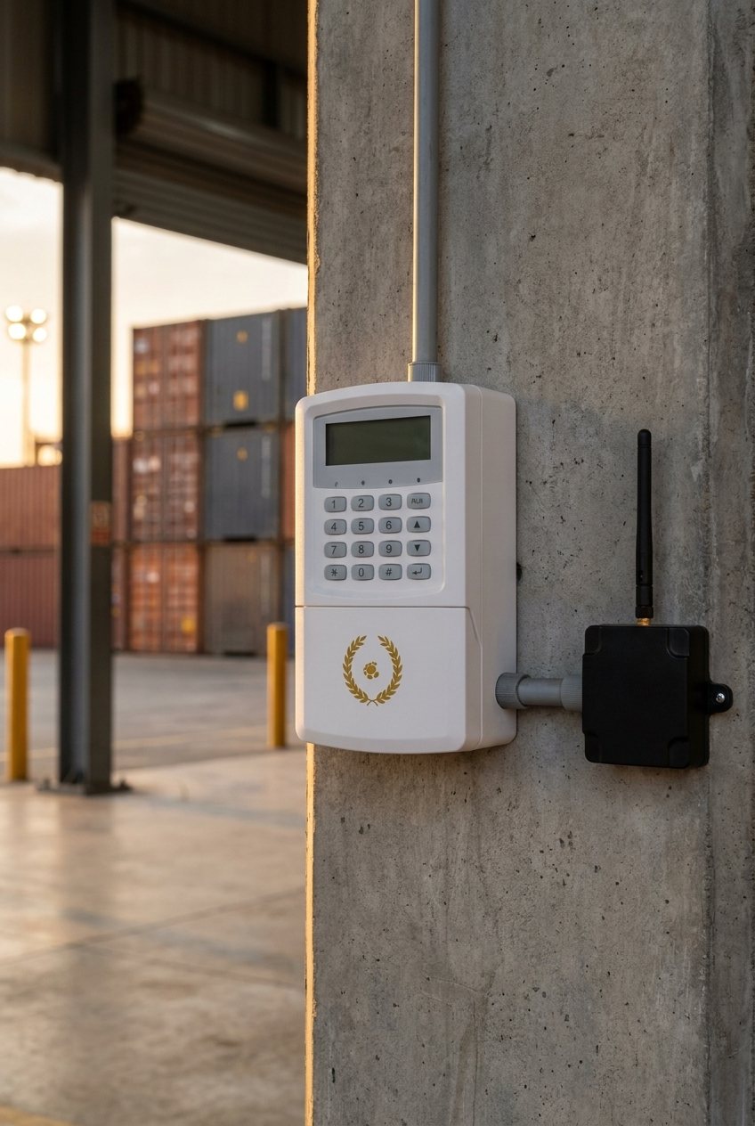 Panel de alarma con teclado y comunicador con antena en una columna, frente a contenedores.