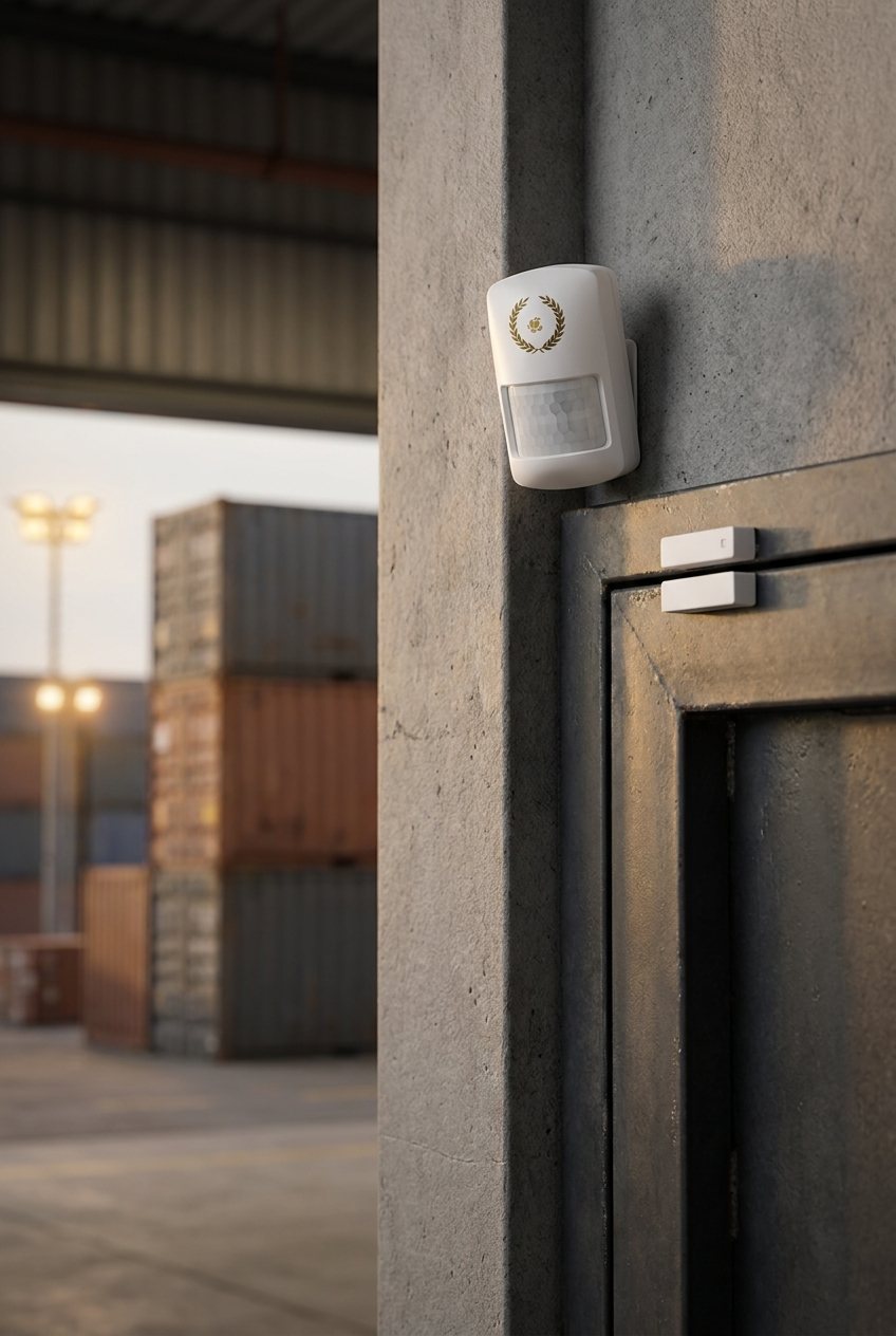 Detector de movimiento en la pared y contacto magnético sobre el marco de una puerta.