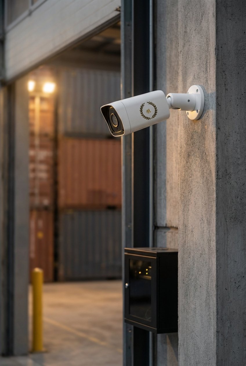 Cámara de seguridad y caja de grabación en una columna, frente a contenedores.