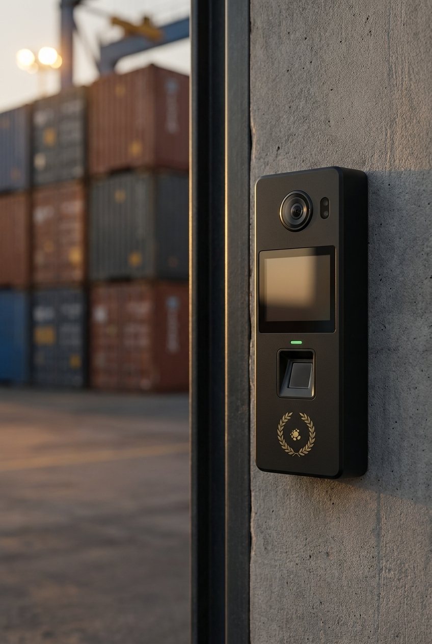 Lector de acceso con cámara, pantalla y huella junto a una puerta.