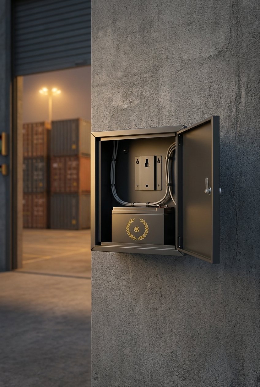 Gabinete abierto con batería de respaldo y cableado en una pared.