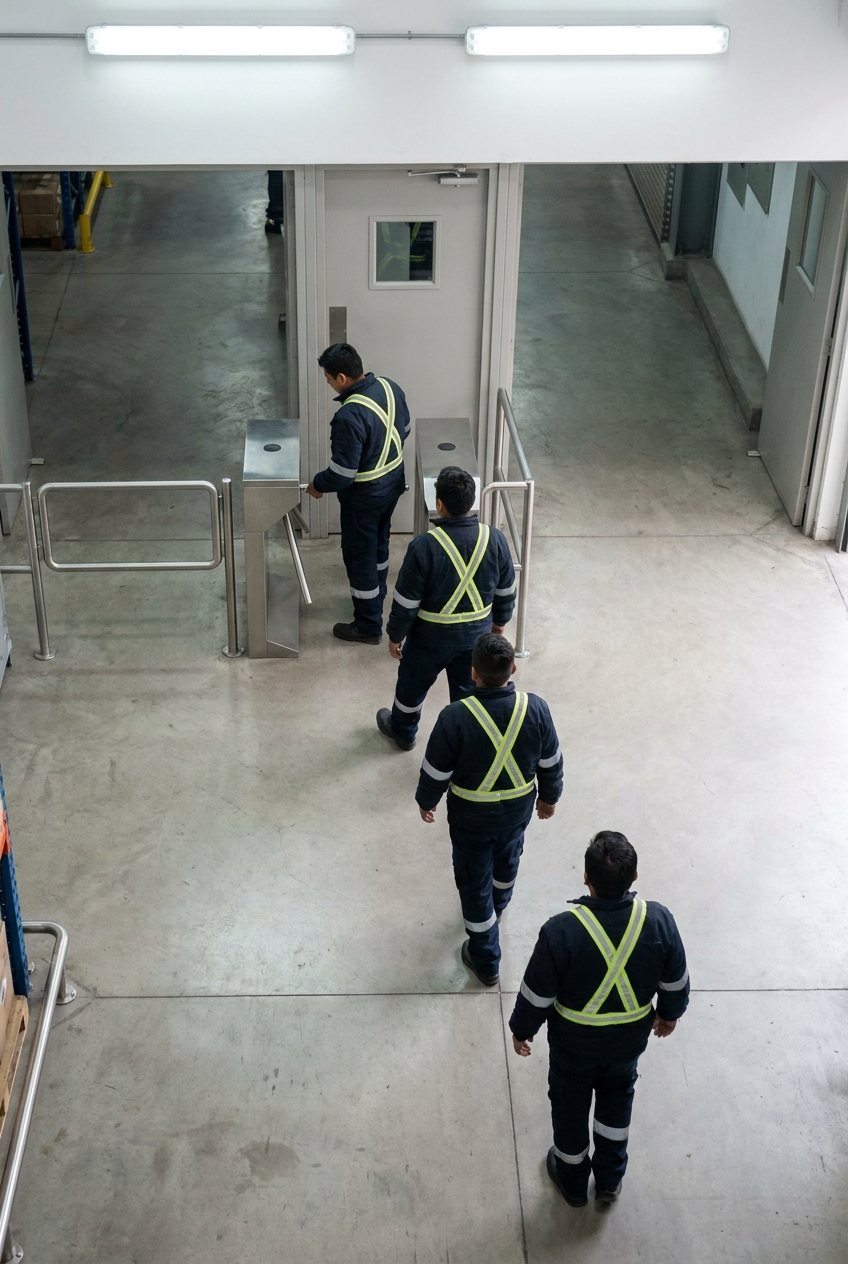 Trabajadores con chaleco pasan por el torniquete de entrada de un almacén.