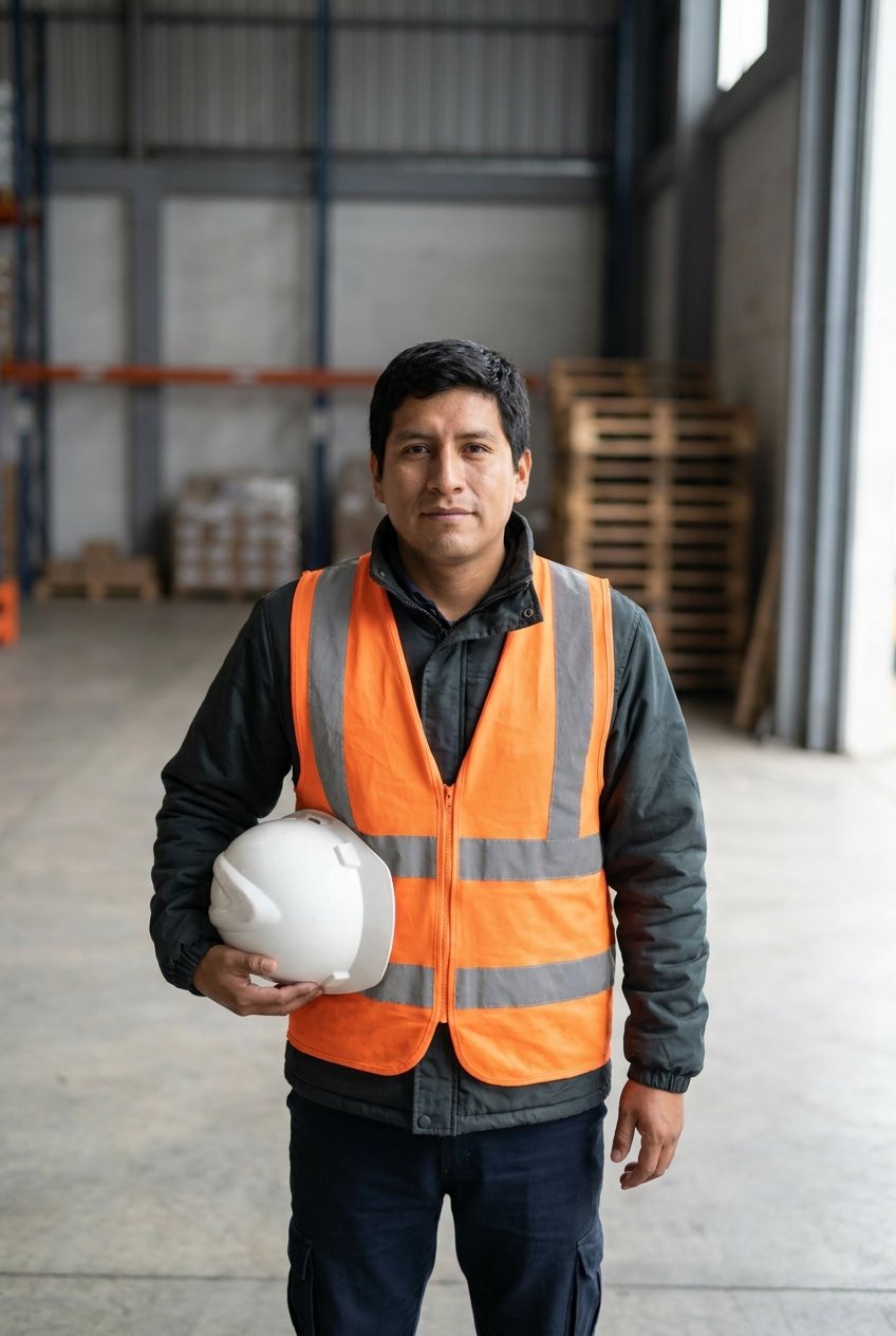 Trabajador con chaleco naranja y el casco en la mano, de frente a la cámara.