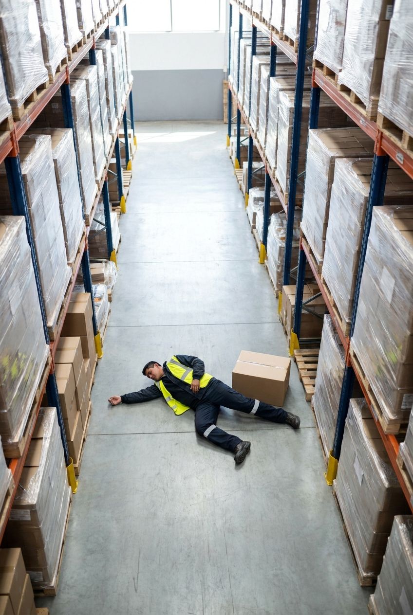 Trabajador caído en un pasillo de almacén, junto a una caja.