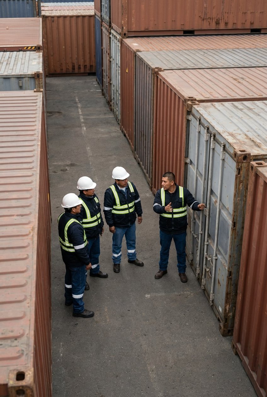 Trabajadores con chaleco entre contenedores; uno de ellos sin casco.